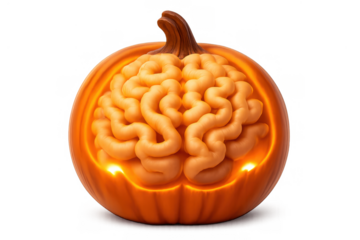 Pumpkin holding a brain glowing inside, combining halloween elements with intelligence and creative thinking concept