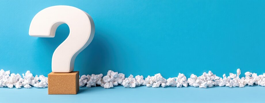 National Trivia Day Large white three dimensional question mark resting on a wooden block with crumpled paper Brain Teaser Day - Powered by Adobe