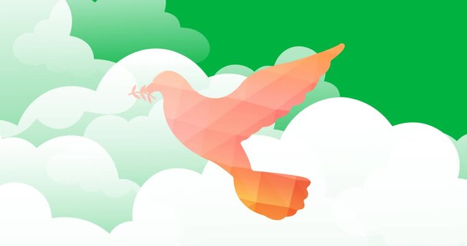 Digital animation of orange dove bird icon flying against clouds icons on black background