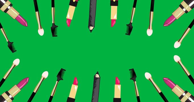 Digital animation of multiple makeup items icons floating against black background