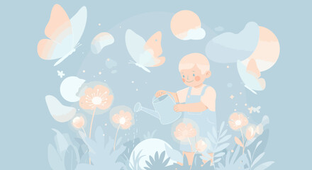 Child watering flowers with butterflies flying around, soft pastel colors, whimsical garden illustration.