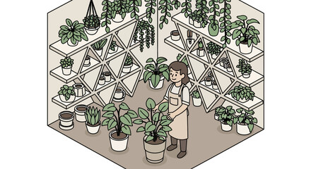Cozy Greenhouse Interior with Woman Tending Potted Plants and Decorative Shelving