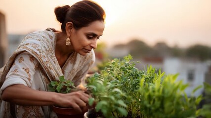 A Woman Nurturing Her Urban Garden: Cultivating Fresh Herbs and Greens on a Rooftop, Embracing Sustainable Living and Connecting with Nature's Beauty