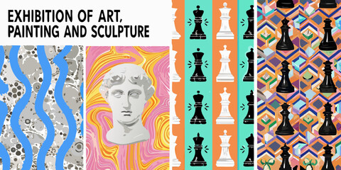 An artistic exhibition poster featuring chess pieces a bust and abstract designs © Ripan