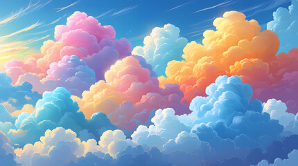 Vibrant colorful clouds blending in a dreamy ombre effect against a clear blue sky with warm sunlight soft fluffy textures and digital art details creating a serene magical and enchanting atmosphere