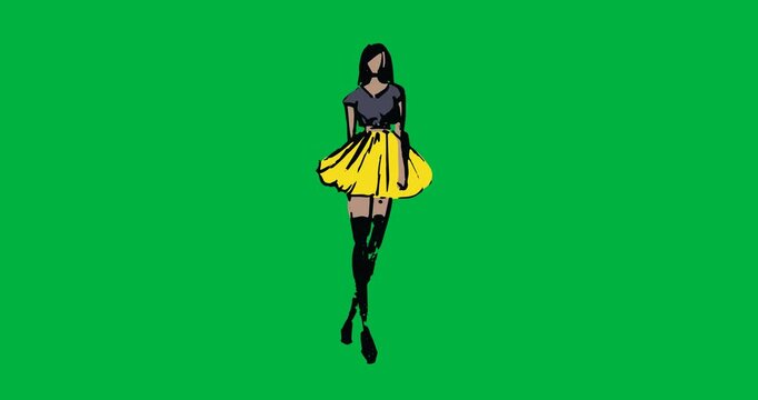 Digital animation of fashion model sketch icon against black background