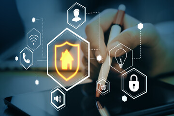 Smart home IoT interface with user interacting on tablet device, featuring icons for security, light, network, and home automation control.