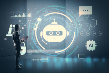Hacker in hoodie interacting with chatbot AI interface in futuristic digital environment with data and technology icons on dark background.
