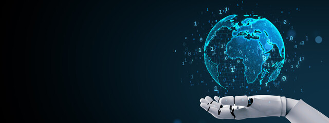 Futuristic robotic hand holding glowing digital globe with binary code on dark abstract background, symbolizing AI and global technology network. 3D Rendering