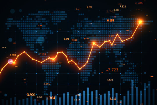 Glowing upward graph with financial data and bar chart over digital world map interface on dark screen background depicting global market growth. 3D Rendering