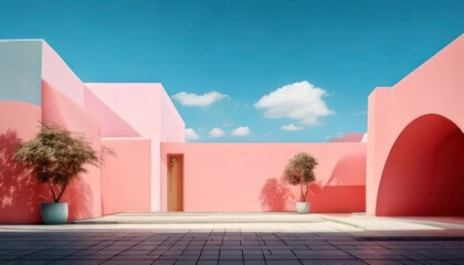 Pastel Pink Courtyard with Archway and Potted Plants
