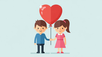 A cute cartoon illustration of a boy and girl holding hands with a heart-shaped balloon