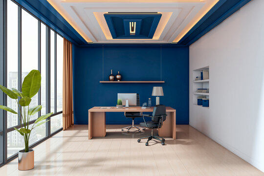 Modern corporate office with blue accent wall, wooden desk, city view and ambient lighting in a creative workplace interior design setting. 3D Rendering