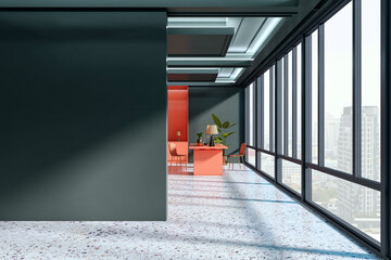 Fototapeta na wymiar Modern corporate office interior with blank dark wall and city view windows for mockup or signage display concept. 3D Rendering