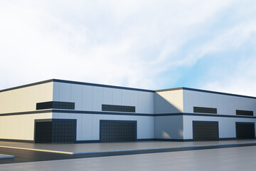 Modern logistics warehouse building exterior with clear sky and empty street in daylight urban environment. 3D Rendering