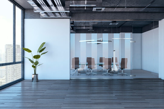 Modern corporate meeting room with glass walls and city view in stylish office interior featuring loft ceiling and wooden floor design. 3D Rendering
