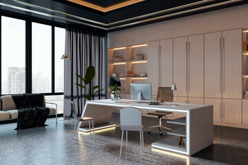Fototapeta na wymiar Modern executive office with sleek desk, large windows, city view, bookshelves, and stylish furniture in a contemporary corporate interior design. 3D Rendering