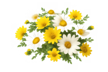 Mixed bouquet of white daisies and yellow chamomile flowers with green leaves on transparent background