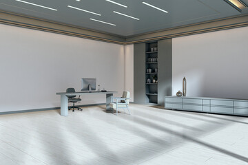 Modern corporate office interior with sleek desk, chair, and bookshelves in sunlight casting long shadows across minimalist workspace floor. 3D Rendering © Who is Danny