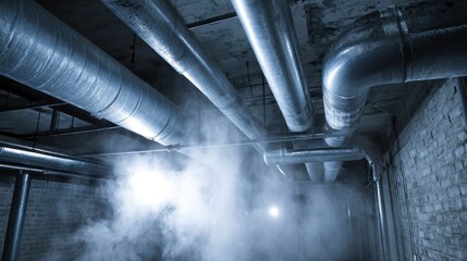 Industrial interior view showcasing metal pipes and insulation, with vapor or steam. The setting appears to be a dimly lit, enclosed space