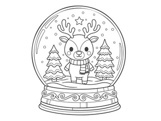 Naklejka premium Cute Reindeer Snow Globe Coloring Book Page Vector Illustration for Kids