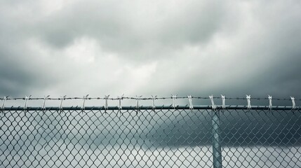 A stark metallic chainlink fence topped with barbed wire stretches across the frame under a dramatic overcast sky filled with heavy clouds