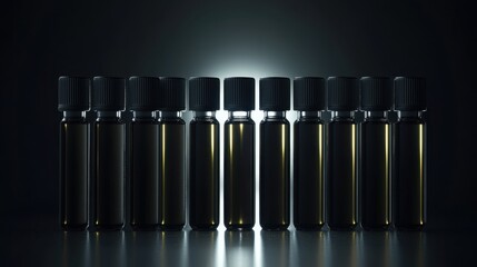 A sterile collection of identical amber glass vials with black caps arranged in a row on a reflective surface with dramatic lighting
