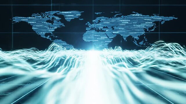 Digital world map with glowing fibers