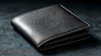 Close-up of a neatly folded, black, leather bi-fold wallet resting on a textured, dark gray surface. Shadow play highlights the stitching and details