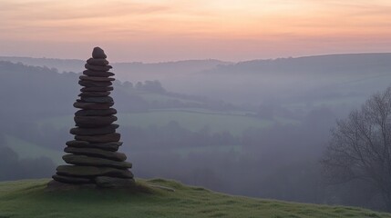 A stone cairn marks a misty landscape at dawn with soft pink clouds overhead