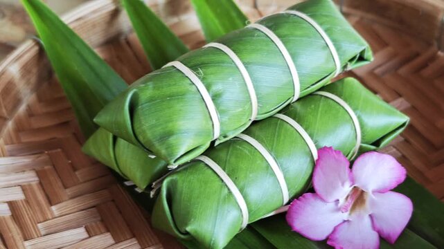 Khao Tom Mud before cooking,Traditional Thai dessert sticky rice, coconut milk and banana wrapped in banana leaves