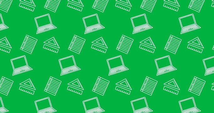Multiple paper, set square and laptop icons in seamless motion against black background