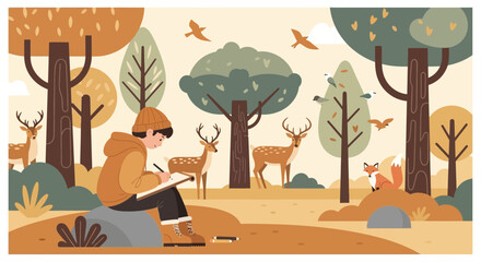 Artist sketching wildlife in autumn forest, deer, fox, birds, nature illustration