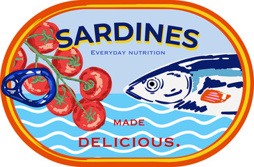 Trendy Canned sardines .Colorful  retro hand drawn Illustration