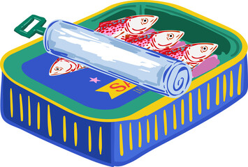 Trendy Canned sardines .Colorful  retro hand drawn Illustration