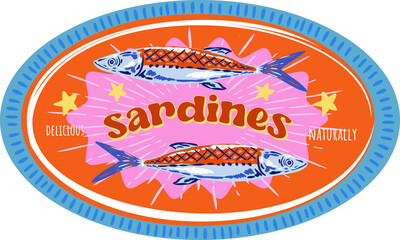 Trendy Canned sardines .Colorful  retro hand drawn Illustration