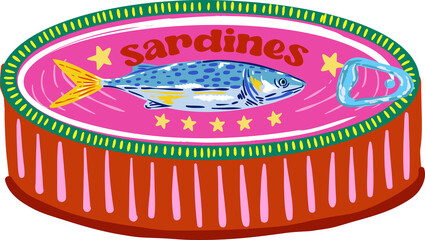 Trendy Canned sardines .Colorful  retro hand drawn Illustration