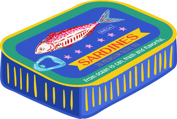 Trendy Canned sardines .Colorful  retro hand drawn Illustration