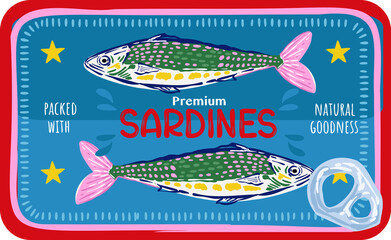 Trendy Canned sardines .Colorful  retro hand drawn Illustration
