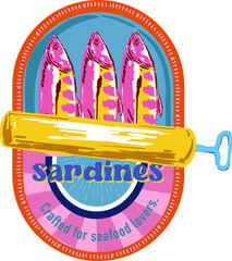 Trendy Canned sardines .Colorful  retro hand drawn Illustration