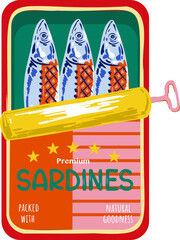 Trendy Canned sardines .Colorful  retro hand drawn Illustration