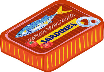 Trendy Canned sardines .Colorful  retro hand drawn Illustration