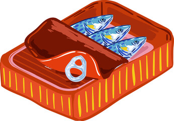 Trendy Canned sardines .Colorful  retro hand drawn Illustration