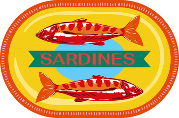 Trendy Canned sardines .Colorful  retro hand drawn Illustration