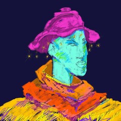 A man's face. A vibrant fashion illustration. A man in a hat. Hand-drawn illustration.