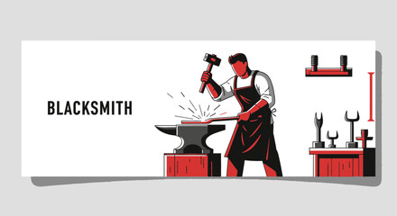 Blacksmith Working at Forge: Hammering Metal on Anvil, Sparks Flying, Vintage Style Illustration