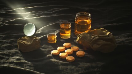 A survival kit arrangement featuring water purification tablets and amber colored liquids in glass containers and jars on a textured surface with dramatic lighting