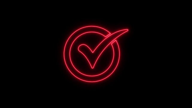 Neon Red Checkmark Symbol Glowing on Black Background Confirmation Approved check mark tick