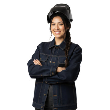 Confident young Hispanic woman welder ready for work wearing protective helmet and denim jacket, smiling with arms crossed in professional pose on transparent background