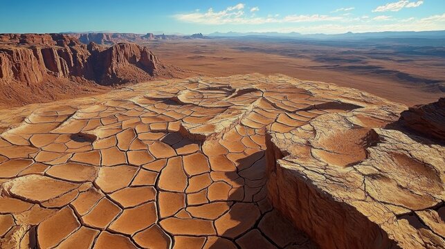 A sweeping vista of a sunbaked desert landscape showcasing intricate patterns of dried earth cracks against a backdrop of rugged mesas and a clear blue sky